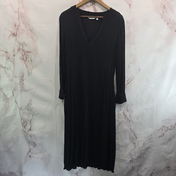 & Other Stories Dress Womens 4 Small Black Midi Slit Crepe Notch Long Sleeve - Picture 1 of 11